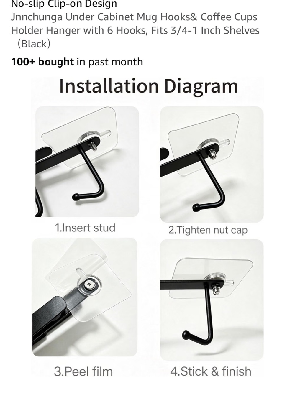 Under-Shelf Mug Rack Hanger - Black - - Picture 4 of 7
